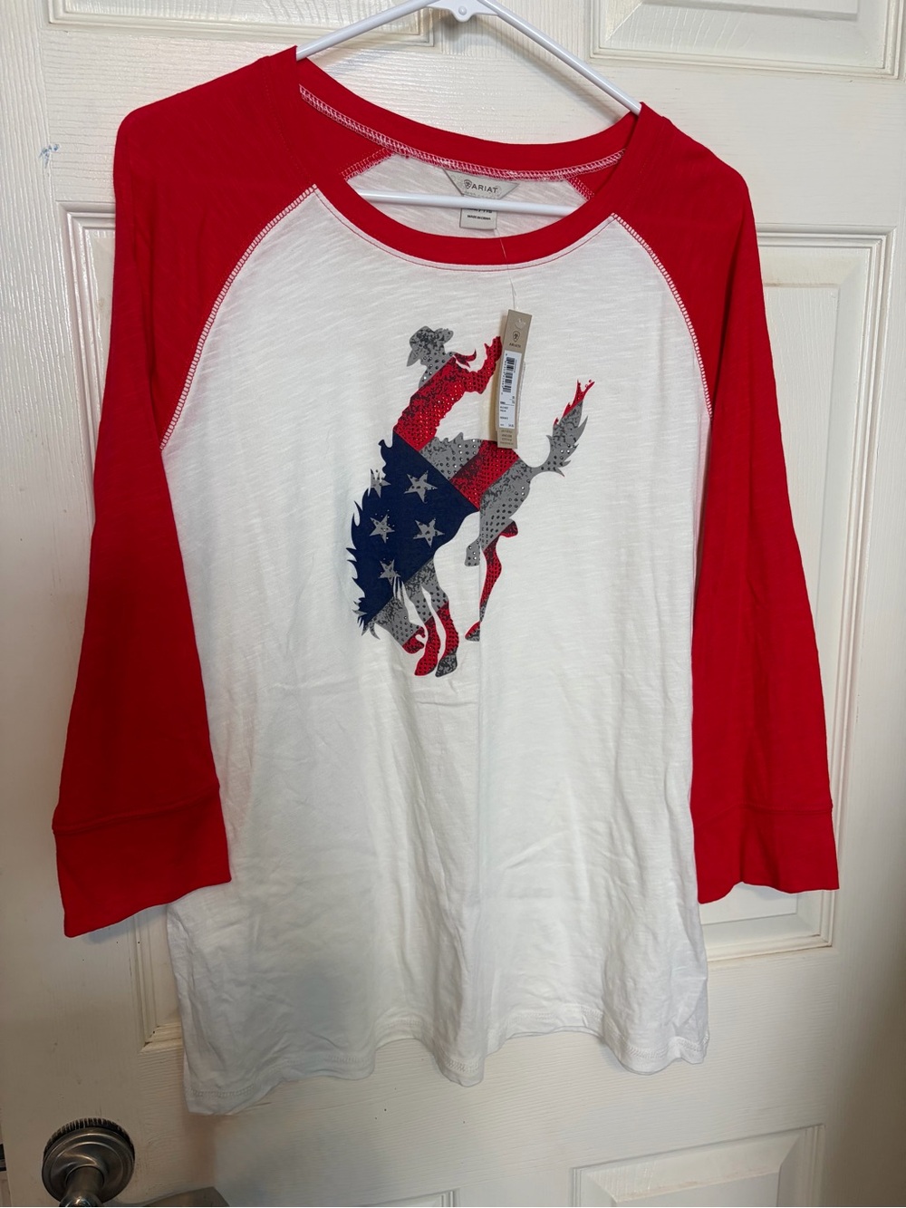 Ariat Red and White Raglan Long-Sleeve Tee with Rodeo Bucking Horse - Picture 6 of 7